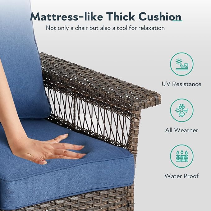 5 Pieces Wicker Patio Furniture Set - Hollow Widen Armrests Outdoor Rattan Chairs with Ottomans and Side Table, Small Patio Convention Set for Balcony Porch Deck and Yard - Brown/Blue