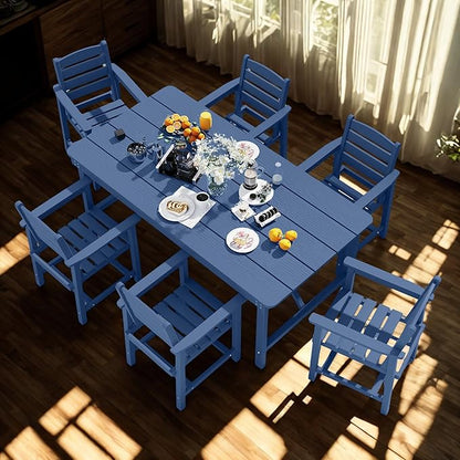 7 Piece Patio Dining Set with 11ft Patio Umbrella (Dark Green), 7 Navy Outdoor HDPE Dining Set with 6 Chairs + 1 Large Table, for Market, Pool, Garden, Backyard, Deck