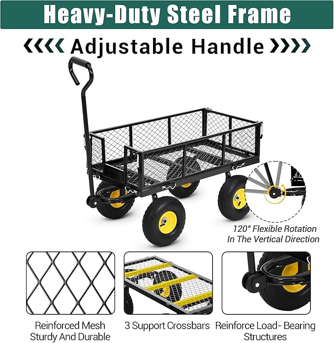 Heavy Duty Garden Cart On Wheels - 550LBS Metal Wagon with 10" Pneumatic Wheels, 180° Rotating Handle & Removable Sides - All-Terrain Yard Wagon for Farm, Beach & Outdoor Use