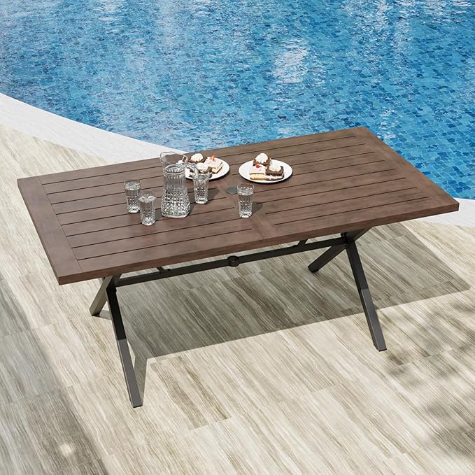 COOS BAY Echo Vibe Outdoor Dining Table with Umbrella Hole, Natural Wood Patio Dining Table for 6, Patio Furniture Set, Brown