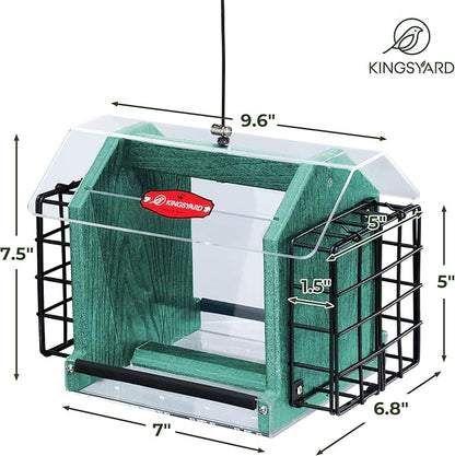 Kingsyard Hopper Bird Feeder for Outdoors Hanging, Recycled Plastic Double Suet Feeder with Clear View Windows, 3 LBS Seed, Cardinal Woodpecker Bluebird Feeder, Green