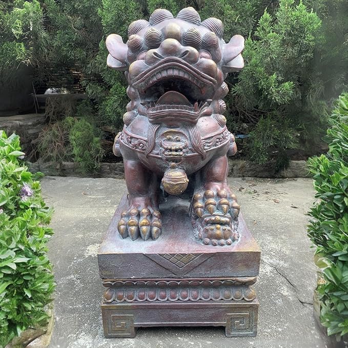 Zaer Ltd. Set of 2 Traditional Fu Dog Garden Statues, Chinese Guardian Lion Sculptures with Pedestals, Made with Magnesium-Cement (Blue-Bronze)