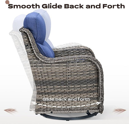 Rilyson Wicker Outdoor Patio Furniture Set - 4 Piece Patio Conversation Set with Swivel Rocker Chairs and Ottomans, 6 inch Cushions, High Back, Deep Seating, for Porch Deck Garden Mixed Grey/Blue