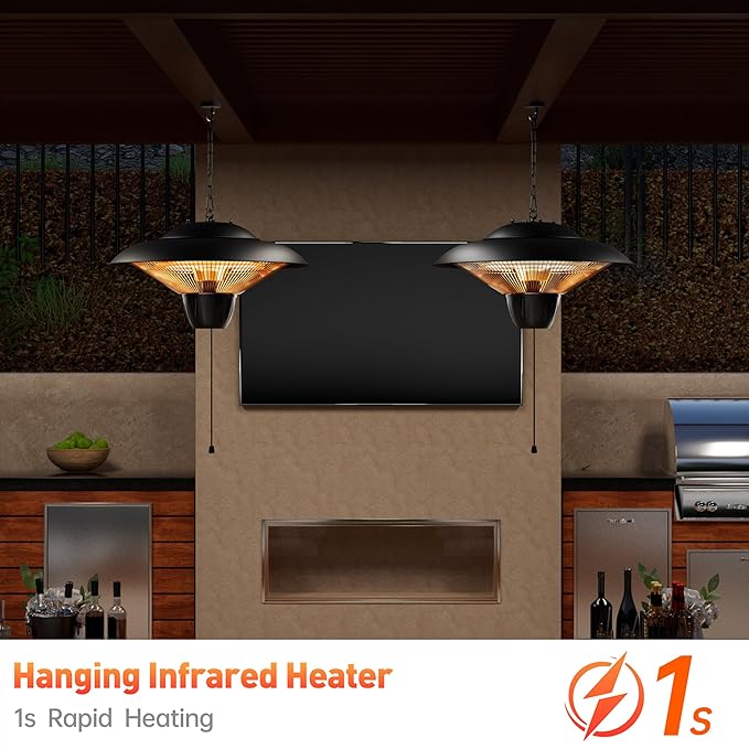 Patio Heater for Outdoor Use 1500W Electric Infrared Hanging Heater, Ceiling Mounted, Waterproof for Porch, Garage, Balcony, Overheat Protection Black