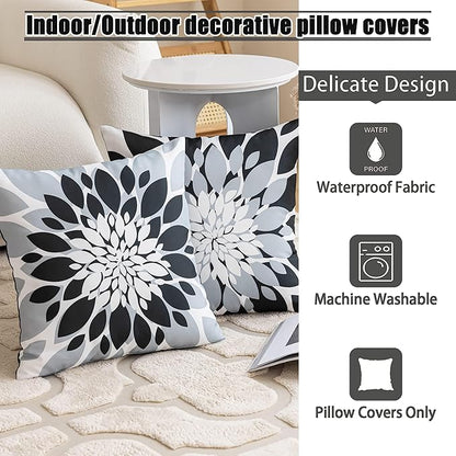 Qahing Pack of 4 Outdoor Waterproof Pillow Covers 20x20 Decorative Outdoor Throw Pillows Garden Square Cushion Cases for Patio Furniture, Couch, Tent Sunbrella, Bench, Black Grey
