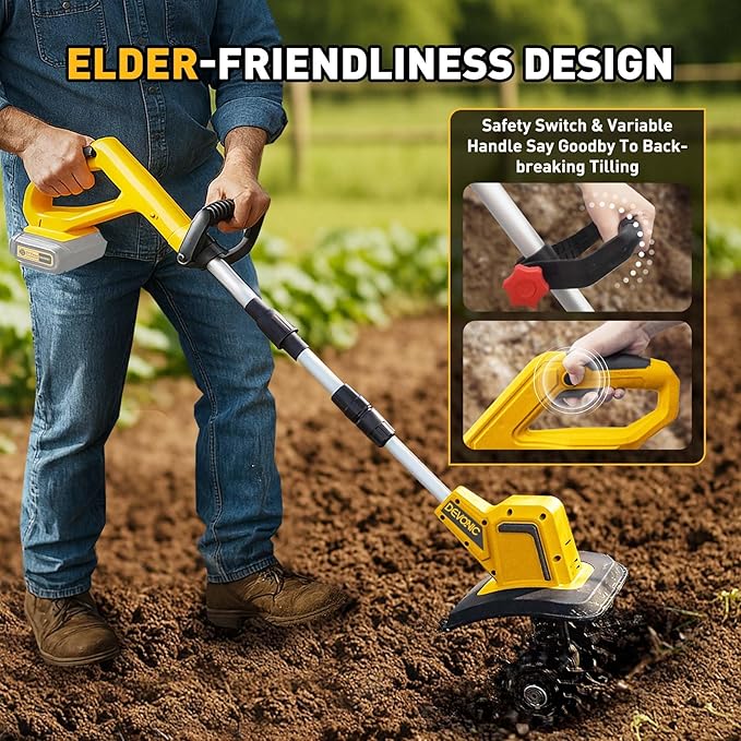 DEVONIC Cordless Electric Garden Tiller,330RPM Electric Garden Tiller, 8 in Tilling Width and 6 in Depth Garden Rototiller for Lawn/Gardening/Soil Cultivation (Without Battery)