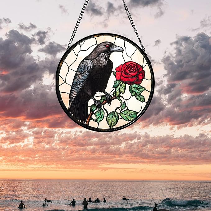 Stained Glass Window Hanging - Black Crow Red Rose Suncatcher for Doors Garden Patio Bird Sun Catchers Decor Christmas Mother's Day Birthday Gifts for Women Men Mom Nana Friend 6.3 in