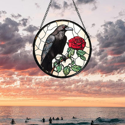 Stained Glass Window Hanging - Black Crow Red Rose Suncatcher for Doors Garden Patio Bird Sun Catchers Decor Christmas Mother's Day Birthday Gifts for Women Men Mom Nana Friend 6.3 in