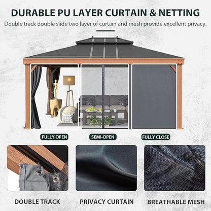 YOLENY 12'x16' Hardtop Gazebo, Galvanized Steel Double Roof with Wood-Looking Aluminum Frame, Outdoor Permanent Metal Pavilion with Curtains and Nettings for Patio, Backyard and Deck