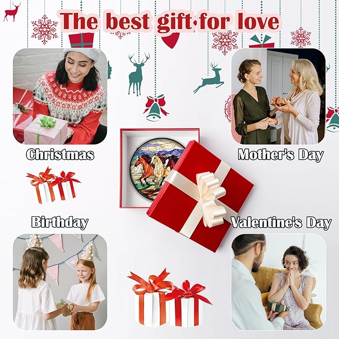 Stained Glass Window Hanging, Galloping Horses Sun Catcher for Door Home Decor Colorful Suncatcher Christmas Mother's Day Birthday Gifts for Women Men Mom and Nana 9.8 in