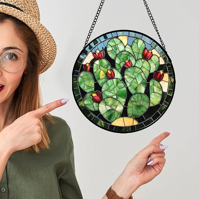 Stained Glass Window Hanging - Green Cactus Suncatcher for Doors Garden Patio Retro Plants Sun Catchers Decor Christmas Mother's Day Birthday Gifts for Women Men Mom Nana Friend 11.8 in