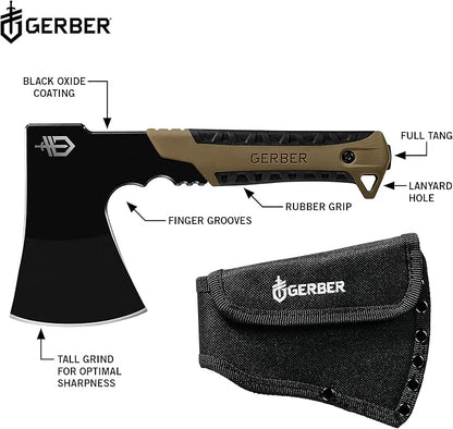 Gerber Gear Pack Hatchet - 3.5" Steel Blade Axe with Full Tang - Survival, Bushcraft and Camping Gear - with Mountable Nylon Sheath - Brown