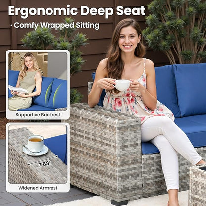 ovios 9 Pieces Patio Furniture Set, Outdoor Wicker Sectional Sofa with 2 Swivel Chairs Coffee Table, Modern Modular Deep Seat Rattan Couch Conversation Sets, Navy Blue