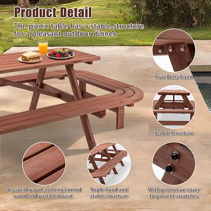 16-Person Picnic Table Set with Attached Benches & Umbrella Hole,Rectangle Brown Outdoor Wood Dining Table & Chairs for Patio Yard Garden Porch Deck