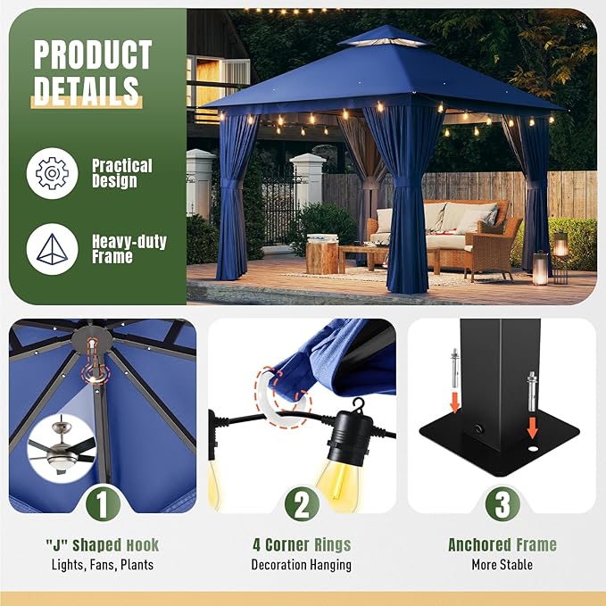 AOXUN Outdoor Gazebo for Patio 10x10, Metal Frame Canopy with Double Roofs, Heavy Duty Party Tent and Shelter with Mosquito Netting and Privacy Screen for Backyard, Lawn, Garden, Deck (Navy)