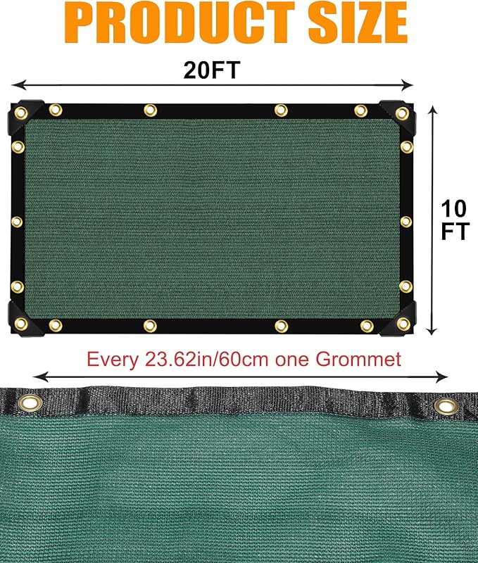 E.share 90% Heavy Duty Shade Cloth for Garden, 20 Ft X 10 Ft Sun Shades Outdoor Patio with Grommets for Plant Covers,Porch Screen,Pergola Shade Cover,Greenhouse,Green