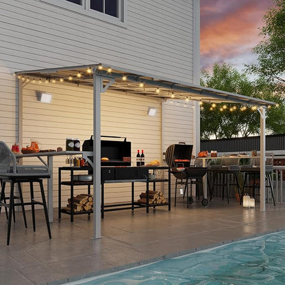 MEISSALIVVE 10' x 12' Wall Mounted Gazebo, Outdoor BBQ Grill Gazebo with Side Shelf, Lean to Metal Awnings with Sloped Roof, Heavy Duty Pergola for Backyard, Deck, White