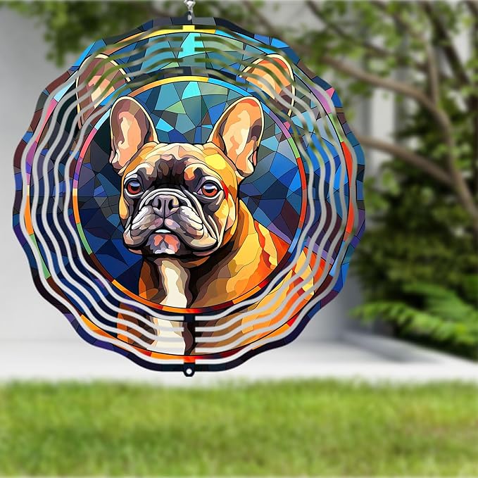 French Bulldog Wind Spinner Pet Dog Memorial Gifts 3D Aluminum Metal Kinetic Hanging Wind Sculpture Spinners for Yard and Garden Indoor Outdoor Window Garden Decoration 8 Inch (French Bulldog 3)
