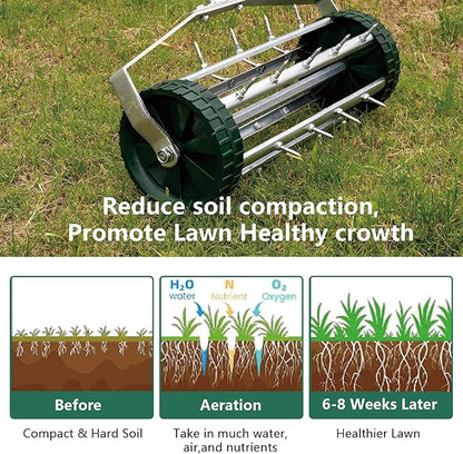 16-Inch Heavy Duty Rolling Lawn Aerator With Sharp Spikes & Anti-Slip Handle - Push Aerator for Garden, Yard - Manual Tool