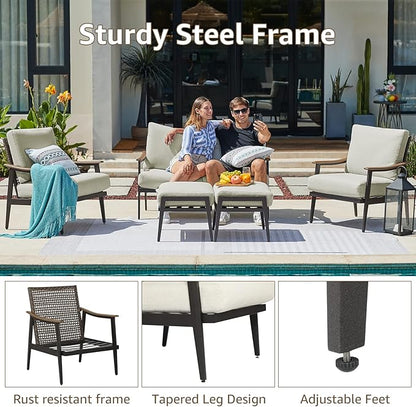 NATURAL EXPRESSIONS 5 Pieces Patio Furniture Set, Outdoor Furniture Sofa Sectional Modern Metal Patio Conversation Set with High Back Wicker Backrest & Loveseat for Balcony, Backyard, Deck, Porch