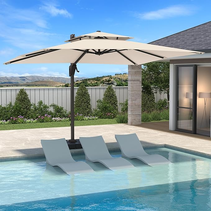 10 X 13 FT Cantilever Patio Umbrella Outdoor Heavy Duty Double Top Windproof Rectangle Offset Umbrellas with 360-degree Rotation for Pool Deck Backyard, Beige