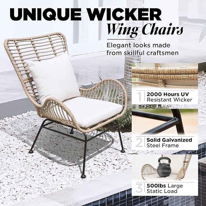 IDZO Isabelle Wicker Chairs Set of 2, 2000 Hours UV Wicker Rattan Chair, 500lbs Capacity Boho Patio Chairs with Thick Olefin Cushions and Pillows for, Indoor Use