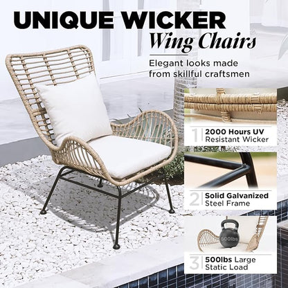 IDZO Isabelle Wicker Chairs Set of 2, 2000 Hours UV Wicker Rattan Chair, 500lbs Capacity Boho Patio Chairs with Thick Olefin Cushions and Pillows for, Indoor Use