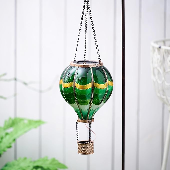 TERESA'S COLLECTIONS Hot Air Balloon Solar Lantern for Outdoor Garden Decor, Hanging Flickering Flame Outdoor Lights for Trees, Green St Patrick's Day Decorations for Party Father's Gift