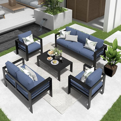 Solaste Aluminum Patio Furniture Set for All Weather, Modern Metal Outdoor Furniture Set with 27.5" Deep Seating and 3.2" Wide Armrest, Outdoor Patio Conversation Set with 5" Cushion, Black and Blue