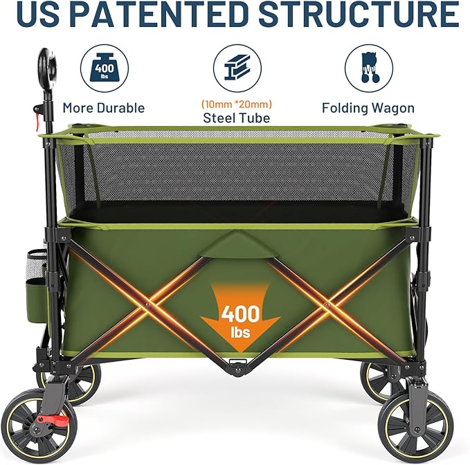 TIMBER RIDGE 350L Extra Large Collapsible Folding Wagon Carts with Brake, Heavy Duty Outdoor Camping Utility Wagons with Extended Height, Adjustable Handle, Cup Holders, Side Bag(Green)