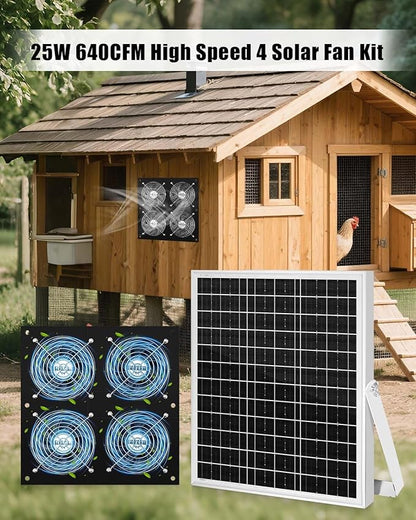 Solar Exhaust Fan for Chicken Coop with 25W Solar Panel & 4-Pack High-Speed Brushless DC Fans, Solar Powerd Shed Ventilation Fan for Chicken Coops, Greenhouses, Sheds, Pet Houses