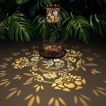 Hummingbird Solar Bird Feeder for Outdoor Hanging Gifts for Women Mom Grandma Metal Wild Birdfeeder Garden Lantern Decor Lanterns Outside for Yard, Patio, Lawn, Pathway, Landscape