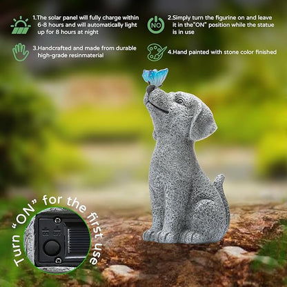 WENYLE Solar Garden Outdoor Statues Dog with Butterfly Lights, Lawn Decor Puppy Figurine for Patio Balcony Yard, Yard Unique Christmas Birthdays Gift for Mom Grandma