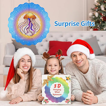 Jellyfish Wind Spinners, 12 inch 3D Stainless Steel Hanging Wind Spinner, Kinetic Sculpture, Blue, Marine Life, Garden Decor