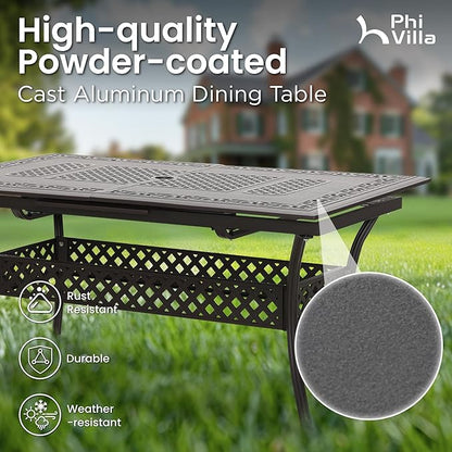 PHI VILLA Outdoor 7 Pieces Expandable Cast Aluminum Dining Set for 6, Extendable Metal Table with Umbrella Hole & Cushioned Wicker Chairs, Dining Furniture Set for Patio, Deck, Yard and Porch