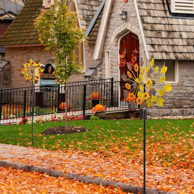 DREAMYSOUL Sunflower and Rooster Fall Wind Spinners, Outdoor Fall Decorations, Metal Kinetic Wind Spinners Chicken Farmhouse Garden Lawn Yard Decor, Fall Harvest Thanksgiving Gifts