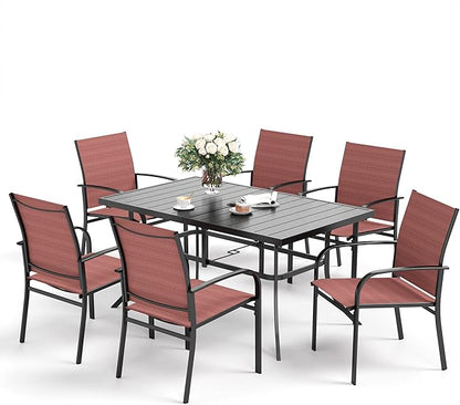 Patio Dining Set 7 PCS, Rectangular Steel Dining Table with 1.57" Hole, Red Stable Dining Chairs for 6,Patio Table and Chairs for Outdoor Lawn Garden,Deck.