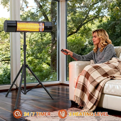 Outdoot Electric Heater, Electric Patio Heater for Outdoor/Indoor Use, Wall Mounted Or Tripod Infrared Garage Heater, 1500W, Remote Control, Black