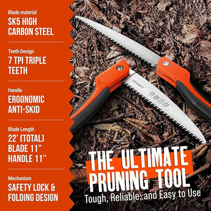 9-Inch Folding Camping Saw - Heavy Duty Pruning Saw with Triple-Cut SK5 Blade, 7 TPI Razor Teeth for Tree Trimming, Wood Cutting, Camping, Bushcraft, and Gardening Work