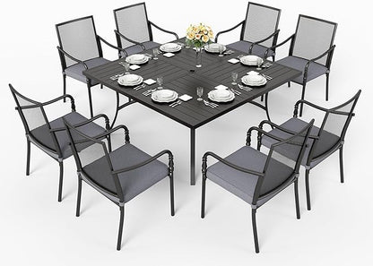 HERA'S HOUSE Metal Patio Table and Chairs Set for 8, Outdoor Dining Set 9 Pieces, 60" Square Table with Cushioned Armrest Chairs for Garden Backyard with Umbrella Hole