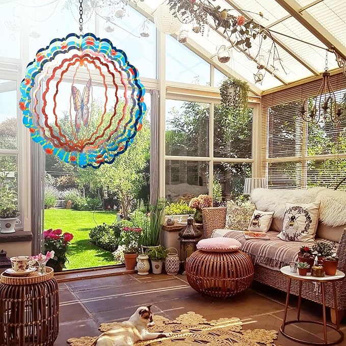 Butterfly Wind Spinners Garden Decor as Birthday Gifts for Women Mom,12 inch 3D Stainless Steel Hanging Wind Spinner Metal Catchers Kinetic Sculpture for Outdoor Decor, Patio,Yard Decorations