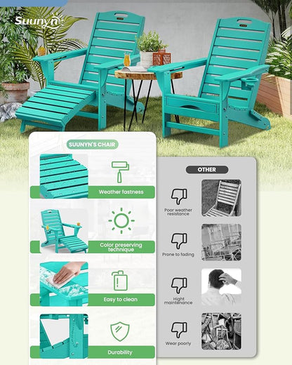 Folding Adirondack Chair with Retractable Ottoman Weather Resistant Fire Pit Chair Patio Chair with 2 Cup Holder Lawn Outdoor Lounge Chair (Lake Blue)