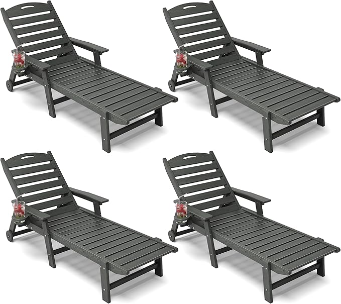 Patio Chaise Lounge Chair Set of 4, HDPE Outdoor Lounge Chairs with 5-Position Adjustable Backrest, Cup Holder and Wheels, 450lbs Capacity for Poolside Deck Backyard, All Weather Material(Gray)