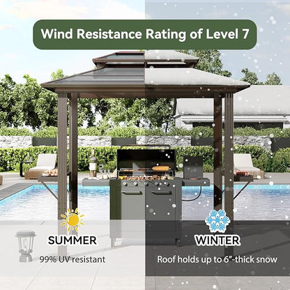 Aoxun Grill Gazebo 8 x 5FT, Aluminum BBQ Gazebo with Double Polycarbonate Top, Grill Canopy Hardtop with Shelves for Lawn, Patio, Garden