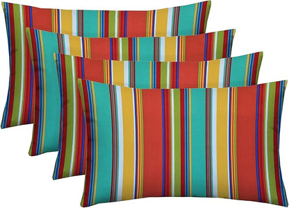 RSH Décor Set of 4 Lumbar Throw Pillows – 26” x 16” Indoor/Outdoor Decorative Cushions, Reversible, All-Weather Polyester Fabric, UV & Fade Resistant Accent Pillows (Bright Colorful Stripe)