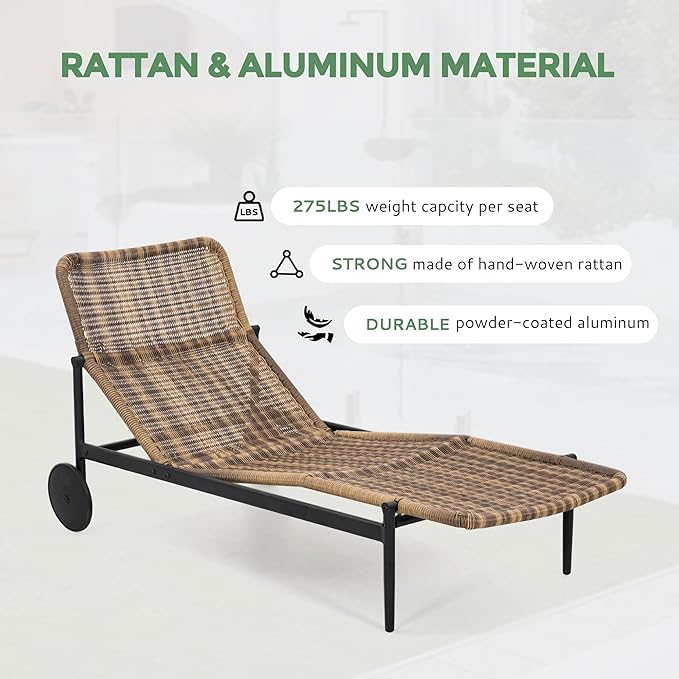 Chaise Lounge Set of 2 - PE Rattan Wicker Patio Pool Lounge Chair with Cushion and Wheels, Aluminum Waterproof Chaise Lounger for Poolside Backyard Deck Porch