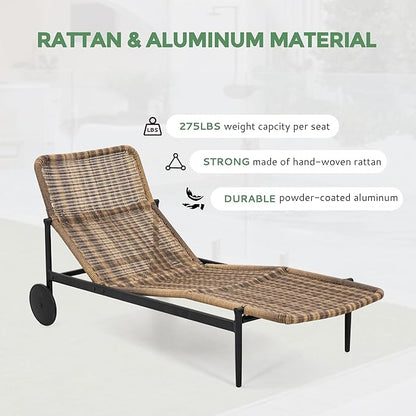Chaise Lounge Set of 2 - PE Rattan Wicker Patio Pool Lounge Chair with Cushion and Wheels, Aluminum Waterproof Chaise Lounger for Poolside Backyard Deck Porch