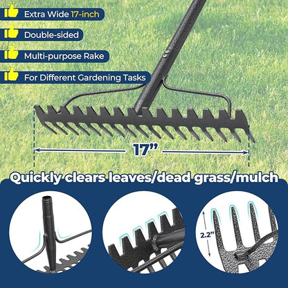49“-77” Adjustable Rake, 17" Extra Wide Double-Sided Lightweight Head Garden Rake | Lightweight & Unbreakable | Level Soil, Remove Leaves, Spread Mulch Fast, Leaf Cleanup, Landscaping, Yard Cleanup