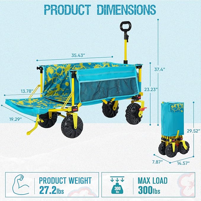 Old Bahama Bay 550lbs Extra Long 49" L Beach Wagon with Big Wheels with Brake for Sand, Collapsible Utility Beach Cart Heavy Duty Folding Wagon,Ideal for Outdoor Sand Camping Garden Pet