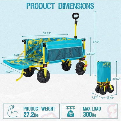 Old Bahama Bay 550lbs Extra Long 49" L Beach Wagon with Big Wheels with Brake for Sand, Collapsible Utility Beach Cart Heavy Duty Folding Wagon,Ideal for Outdoor Sand Camping Garden Pet